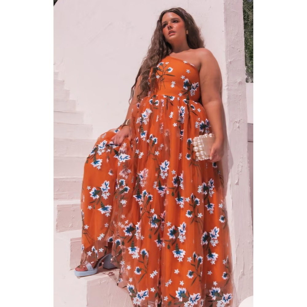 JessaKae Orange Floral Embroidered One Shoulder Tulle Maxi Dress Plus Size 4X
